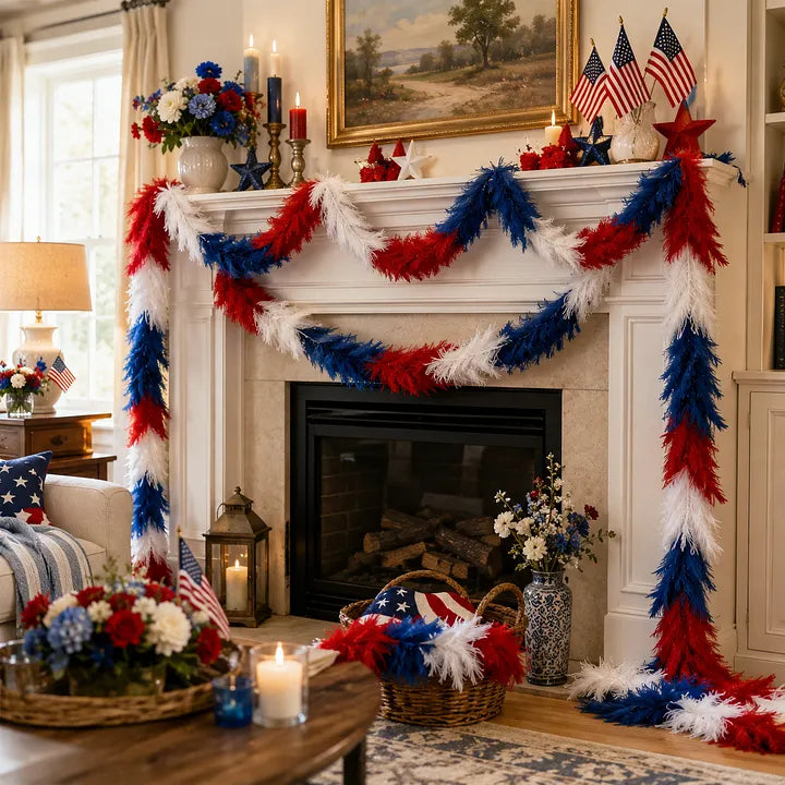 Patriotic Red, White & Blue Feather Garland