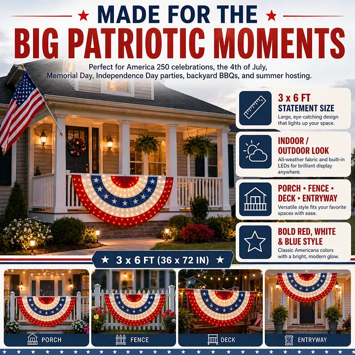 🔥3 x 6 Ft LED Patriotic Bunting Banner for America’s 250th