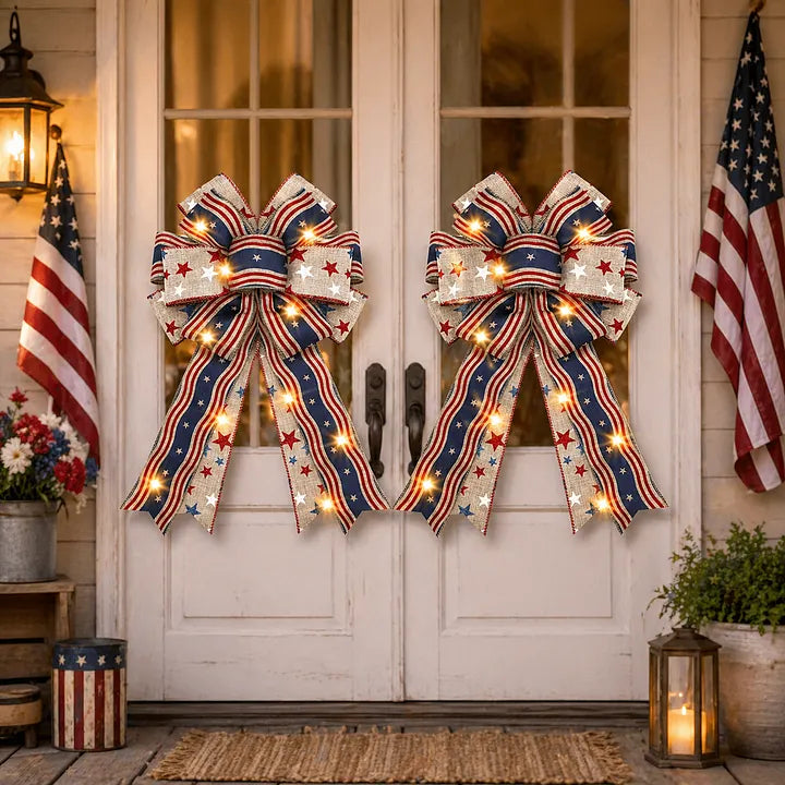 LED Patriotic Burlap Bow American Flags Wreath Bow