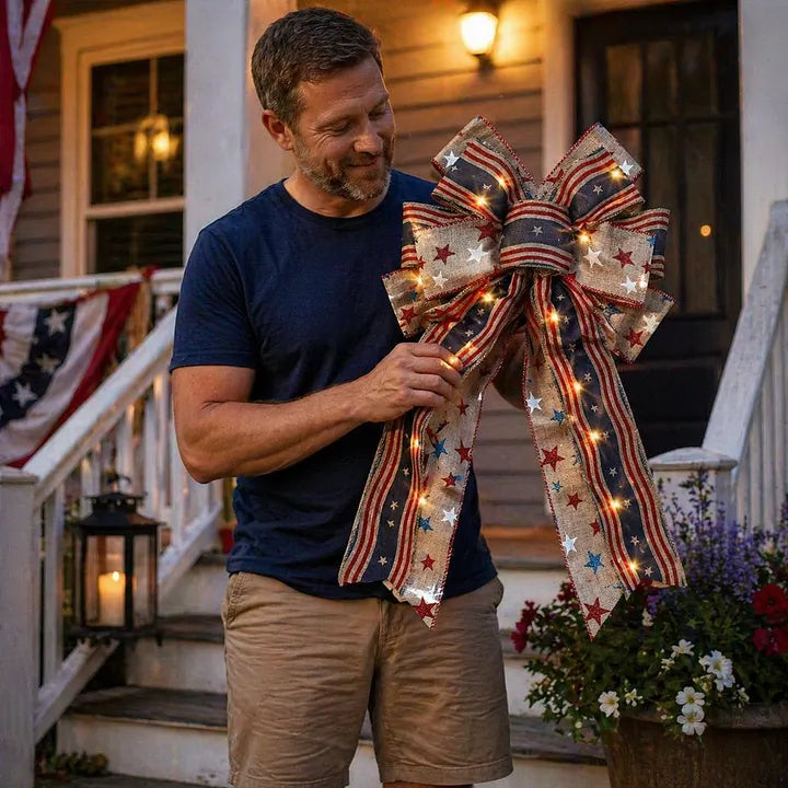LED Patriotic Burlap Bow American Flags Wreath Bow