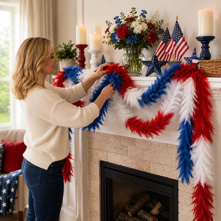 Patriotic Red, White & Blue Feather Garland