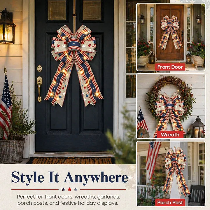 LED Patriotic Burlap Bow American Flags Wreath Bow
