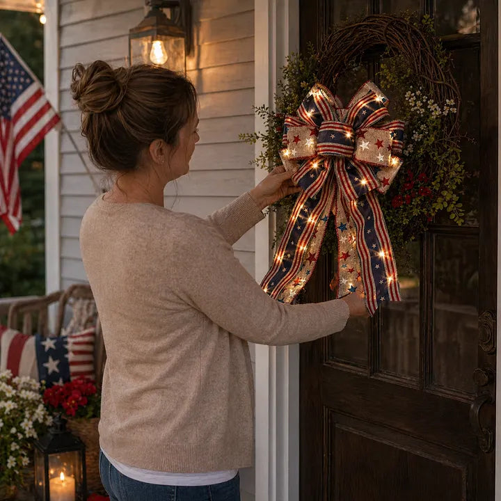 LED Patriotic Burlap Bow American Flags Wreath Bow