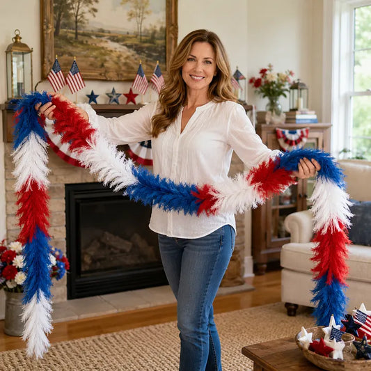 Patriotic Red, White & Blue Feather Garland