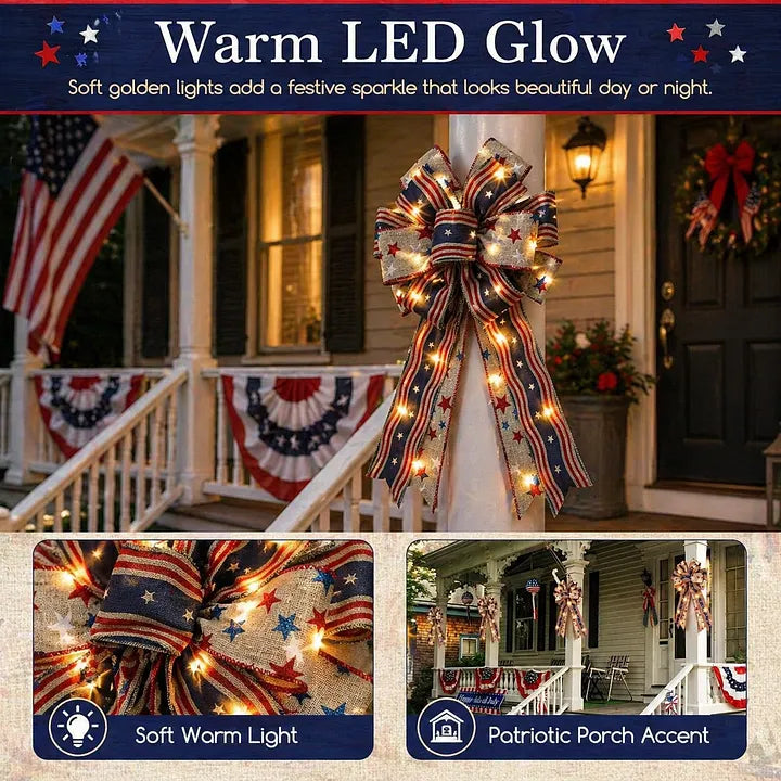 LED Patriotic Burlap Bow American Flags Wreath Bow