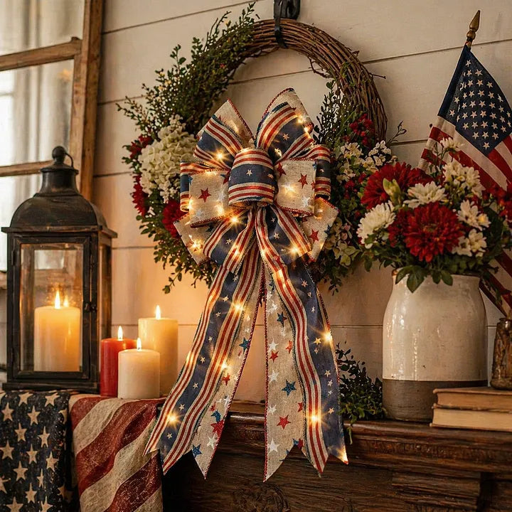 LED Patriotic Burlap Bow American Flags Wreath Bow