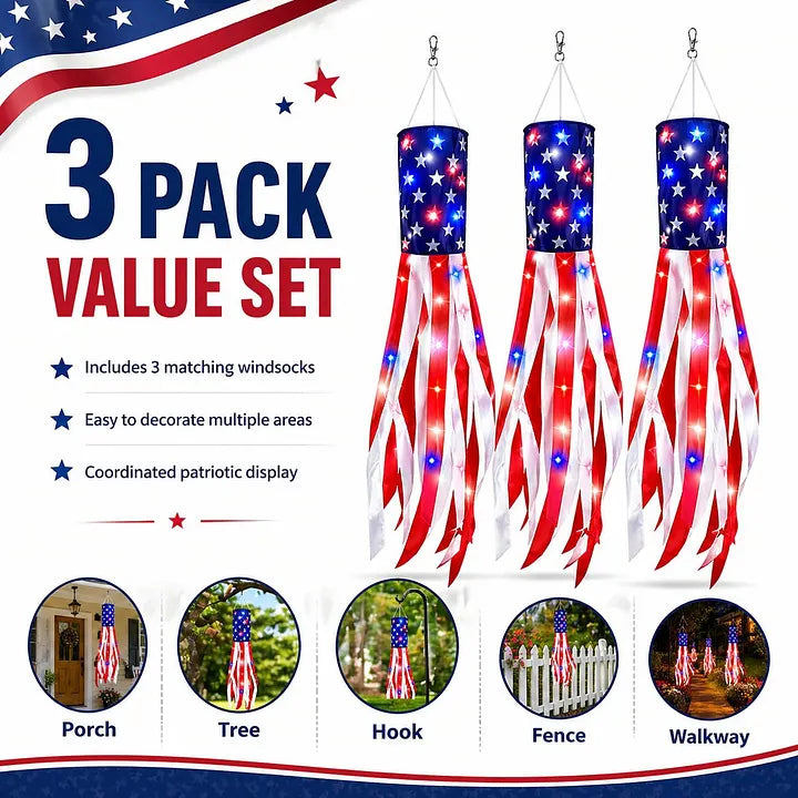 50 Inch Large American Flag Windsocks with Lights